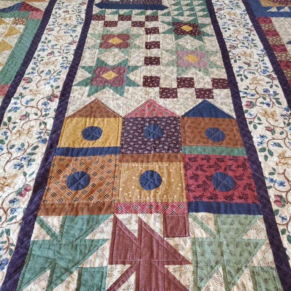Handmade Safe Haven Cotton Heirloom Quilt Queen Patchwork Birdhouse Multi-Color